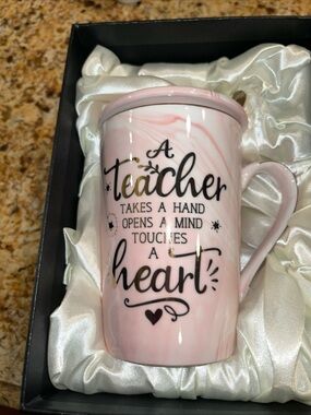 Teacher Marble Look Mug with Lid, Spoon, Gift Set Dishwasher Safe Penny Cai
